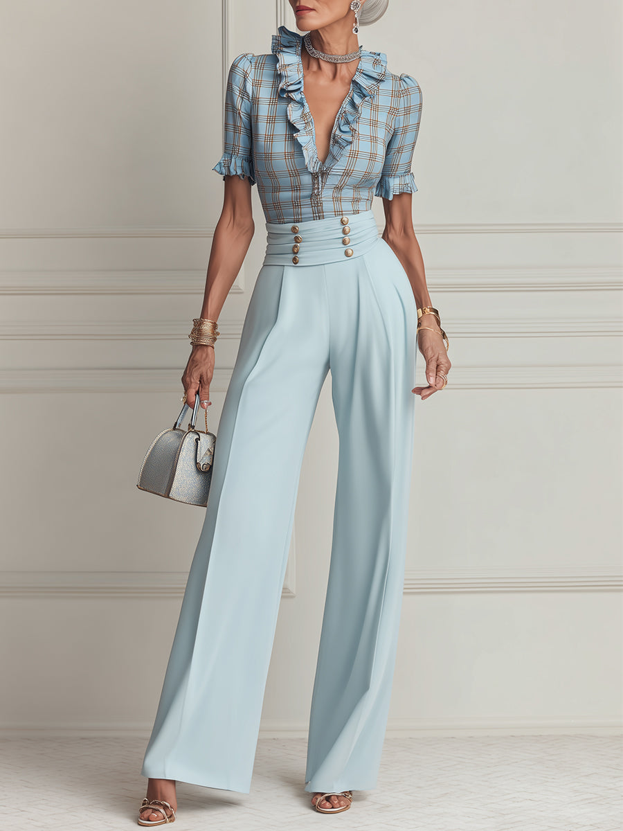 Stylish Plaid Blouse With Ruffle Trim & High-Waisted Pants Set