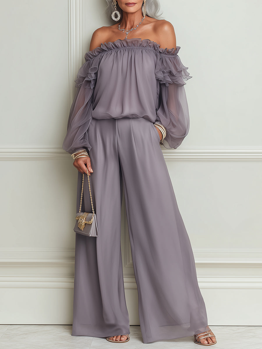 Elegant Ruffled Off-Shoulder Chiffon Blouse & Wide-Leg Pants Set
