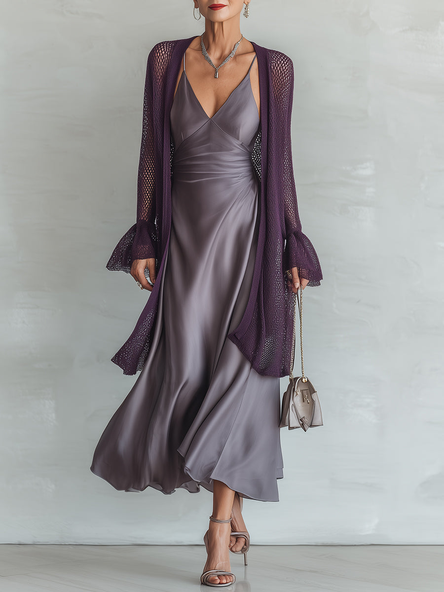 Elegant Satin Fishtail Dress & Ruffled-Sleeve Knit Cardigan Set