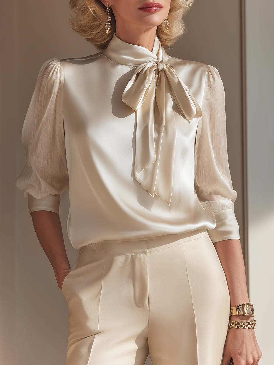 Elegant Tie-Neck Half-Sleeve Satin Blouse