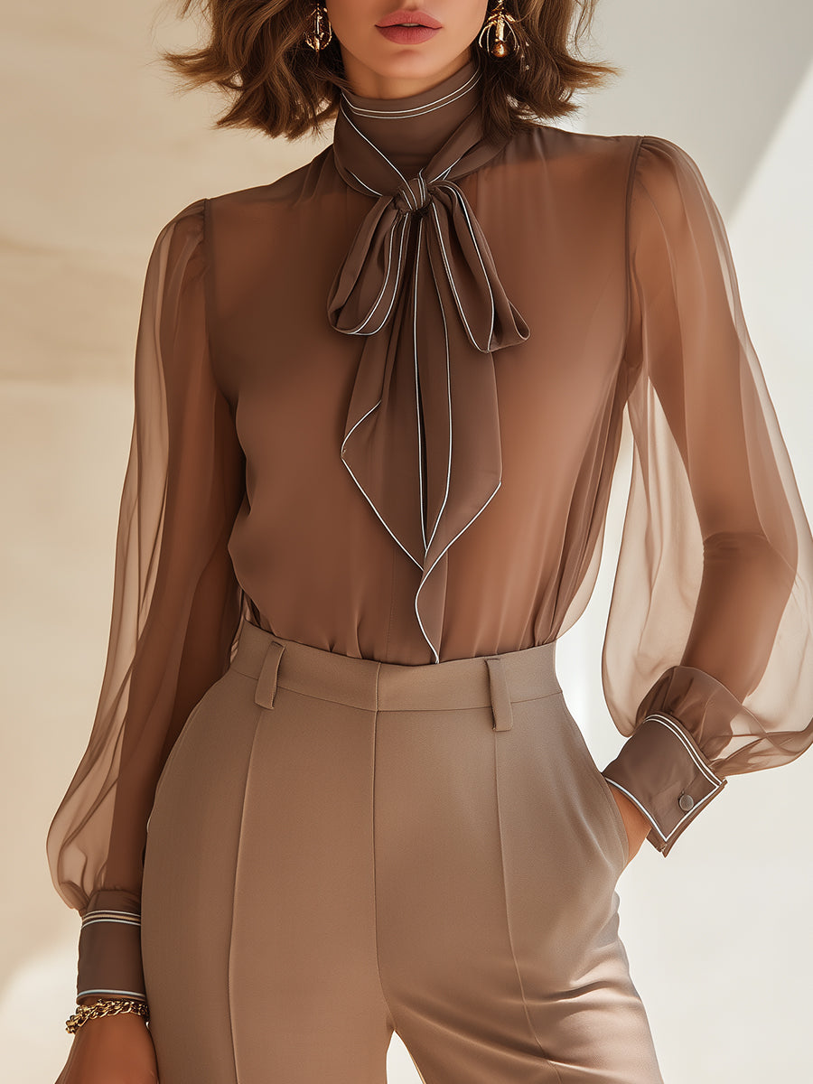 French-Style Tie-Neck Chiffon Color-Block Blouse