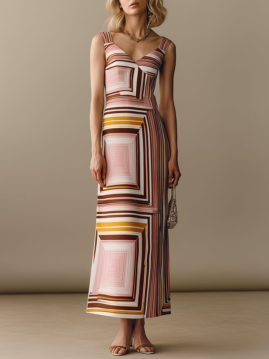 Elegant Meander Pattern Satin Maxi Dress