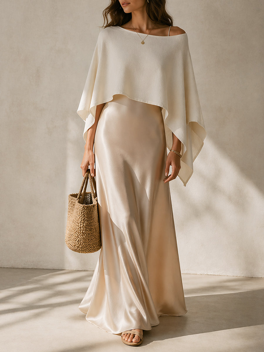 Elegant Satin Fishtail Maxi Dress & One-Shoulder Poncho Set