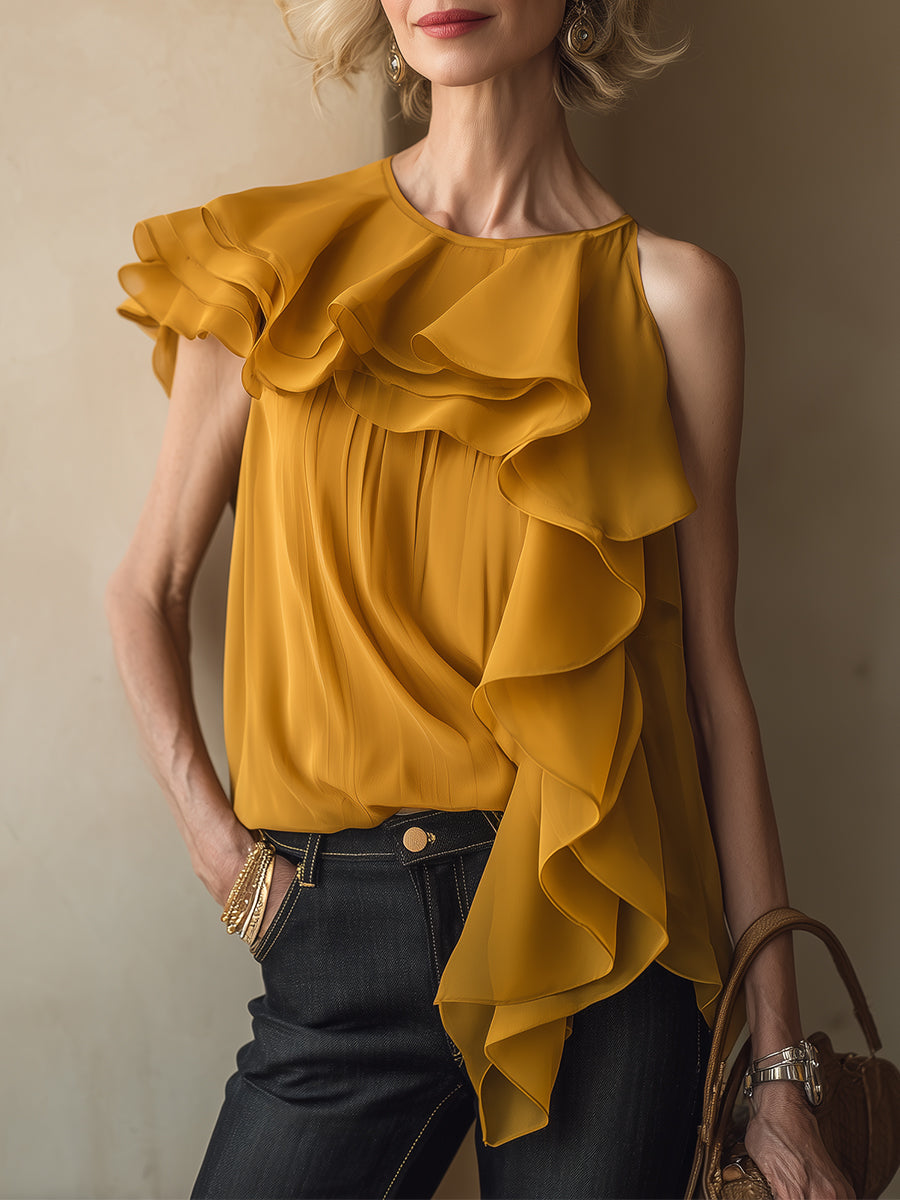 Modern Asymmetrical Ruffle-Trimmed Chiffon Blouse
