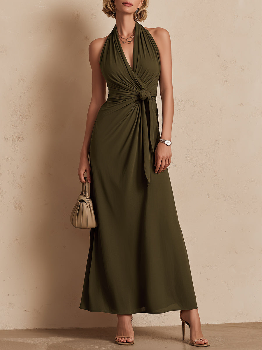 Minimalist Halter-Neck Maxi Dress With Side Knot Detail