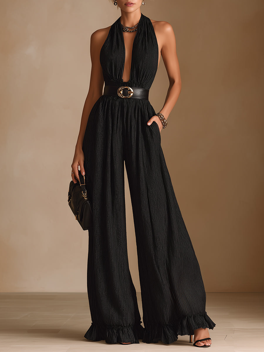 Women's Stylish Striped Wide-Leg Jumpsuit With Ruffled Hem