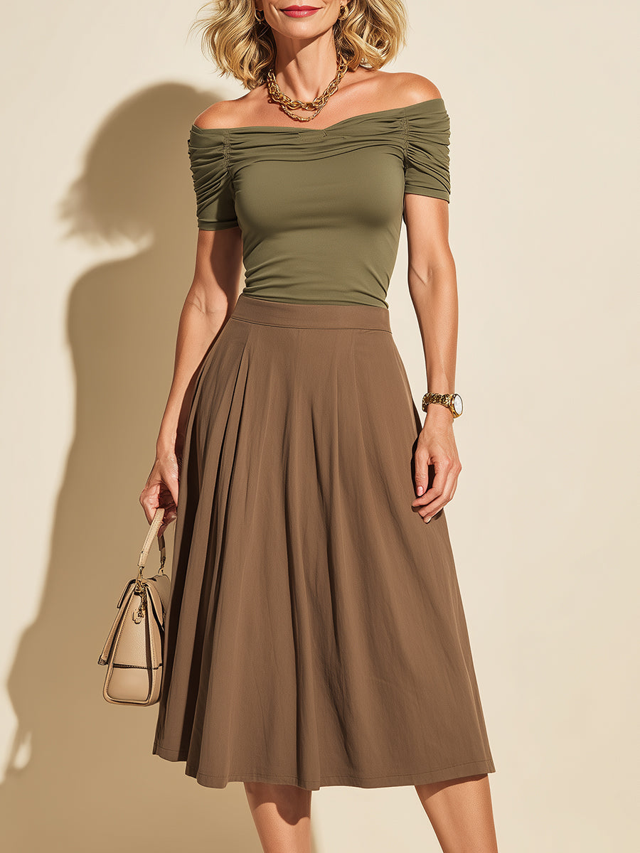 Elegant Off-Shoulder T-Shirt & Pleated A-Line Skirt Set