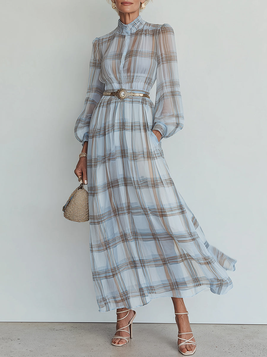 French-Style Plaid-Print Lantern Sleeves Chiffon Maxi Dress