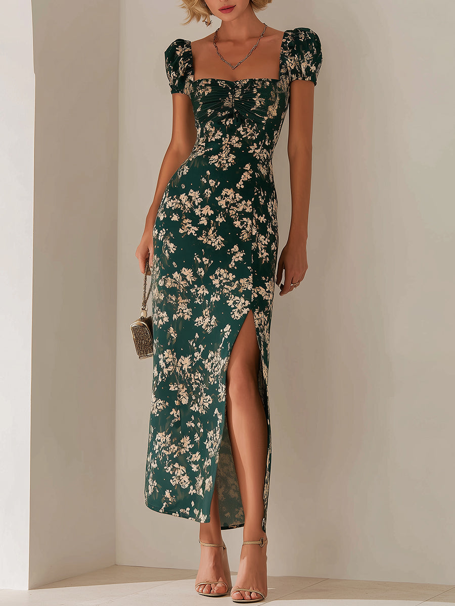 French Vintage Floral High-Slit Maxi Dress