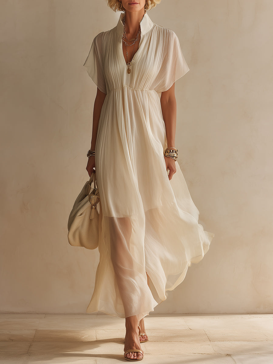 Luxurious Stand-Collar Crinkled Chiffon Maxi Dress