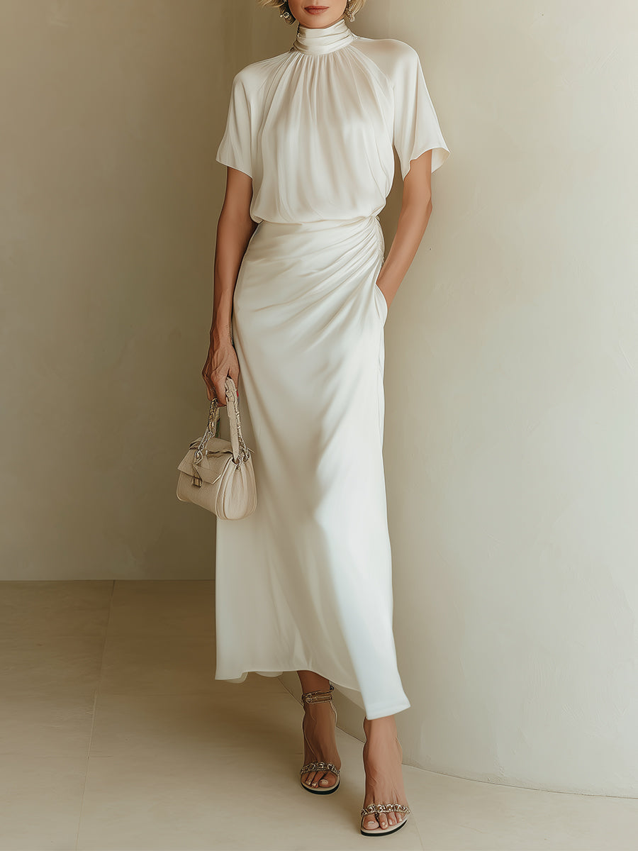 French-style Raglan Sleeve Ruched Satin Maxi Dress