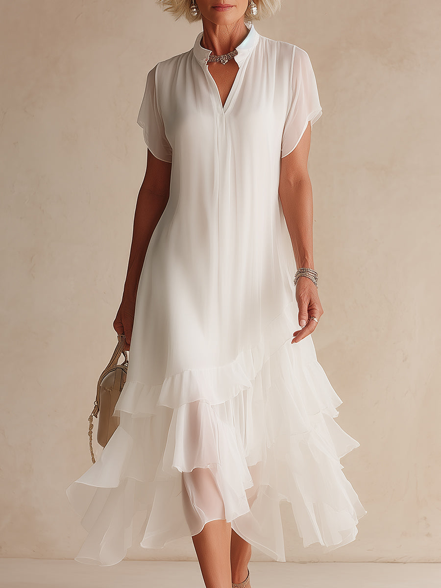 Elegant Chiffon Tiered Ruffle-Hem Midi Dress