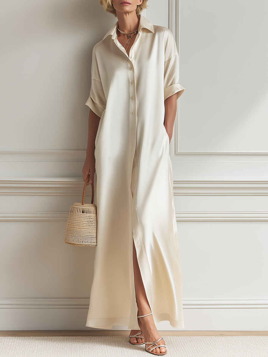 Quiet Luxury Single-Breasted Hem Slit Satin Maxi Dress
