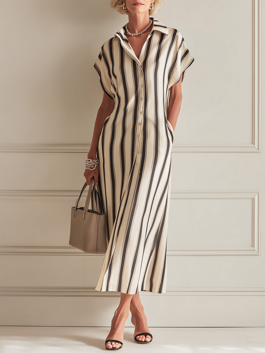 Elegant Striped Batwing-Sleeve Satin Midi Dress