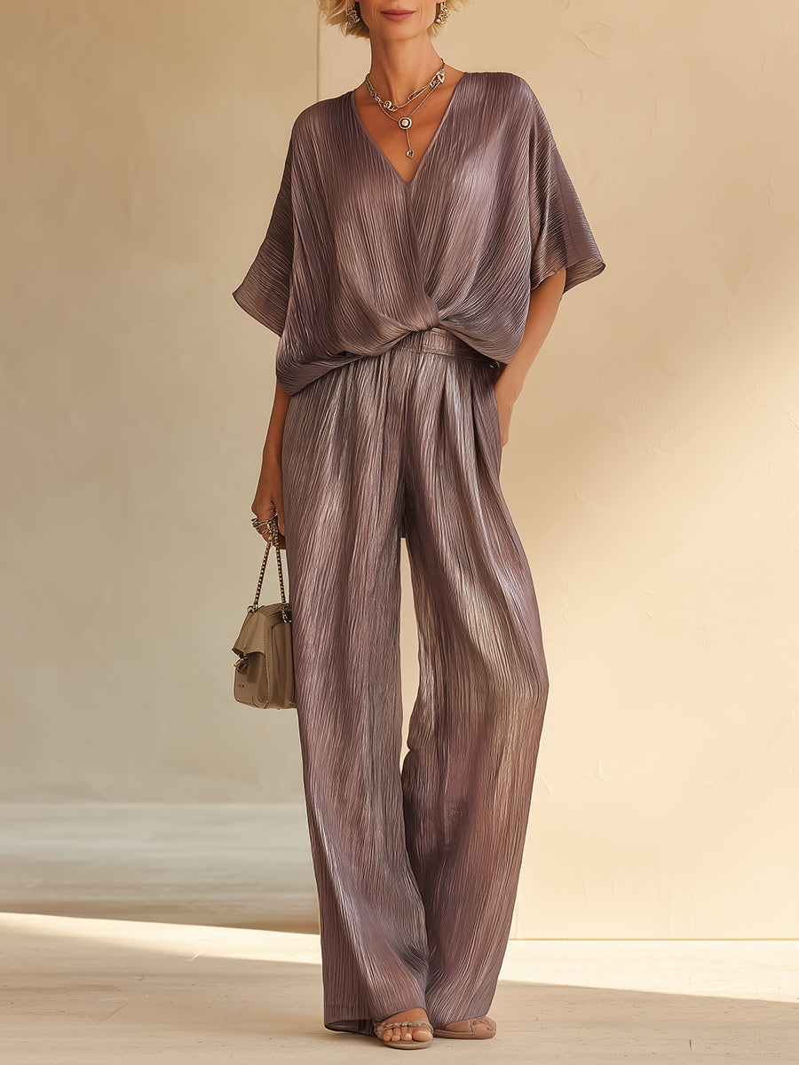 Commuter-Style Pleated Batwing Blouse & Wide-Leg Pants Set