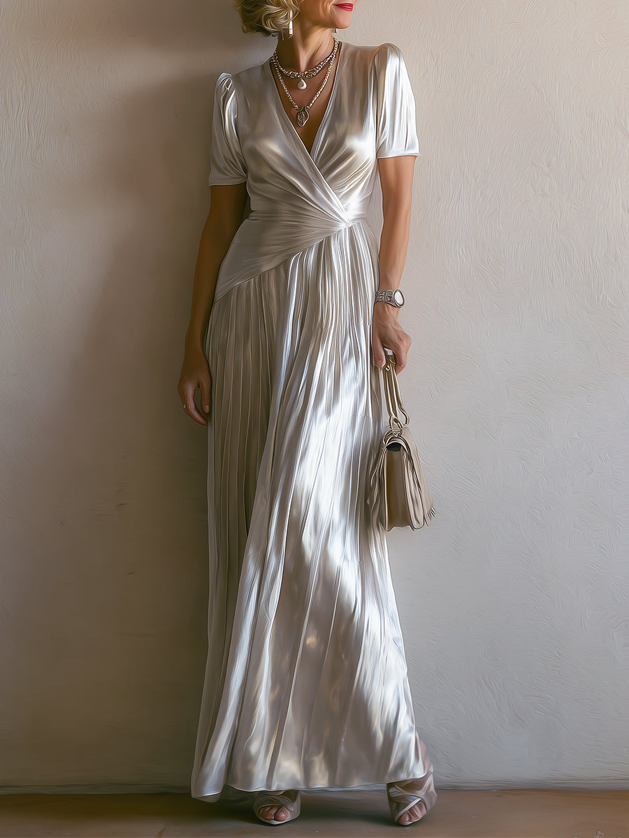 Elegant Pearlescent Satin Pleated Maxi Dress