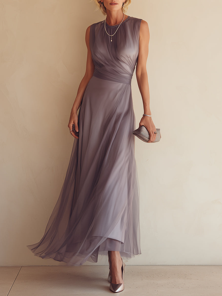 Elegant Double-Layer Mesh Sleeveless Maxi Dress