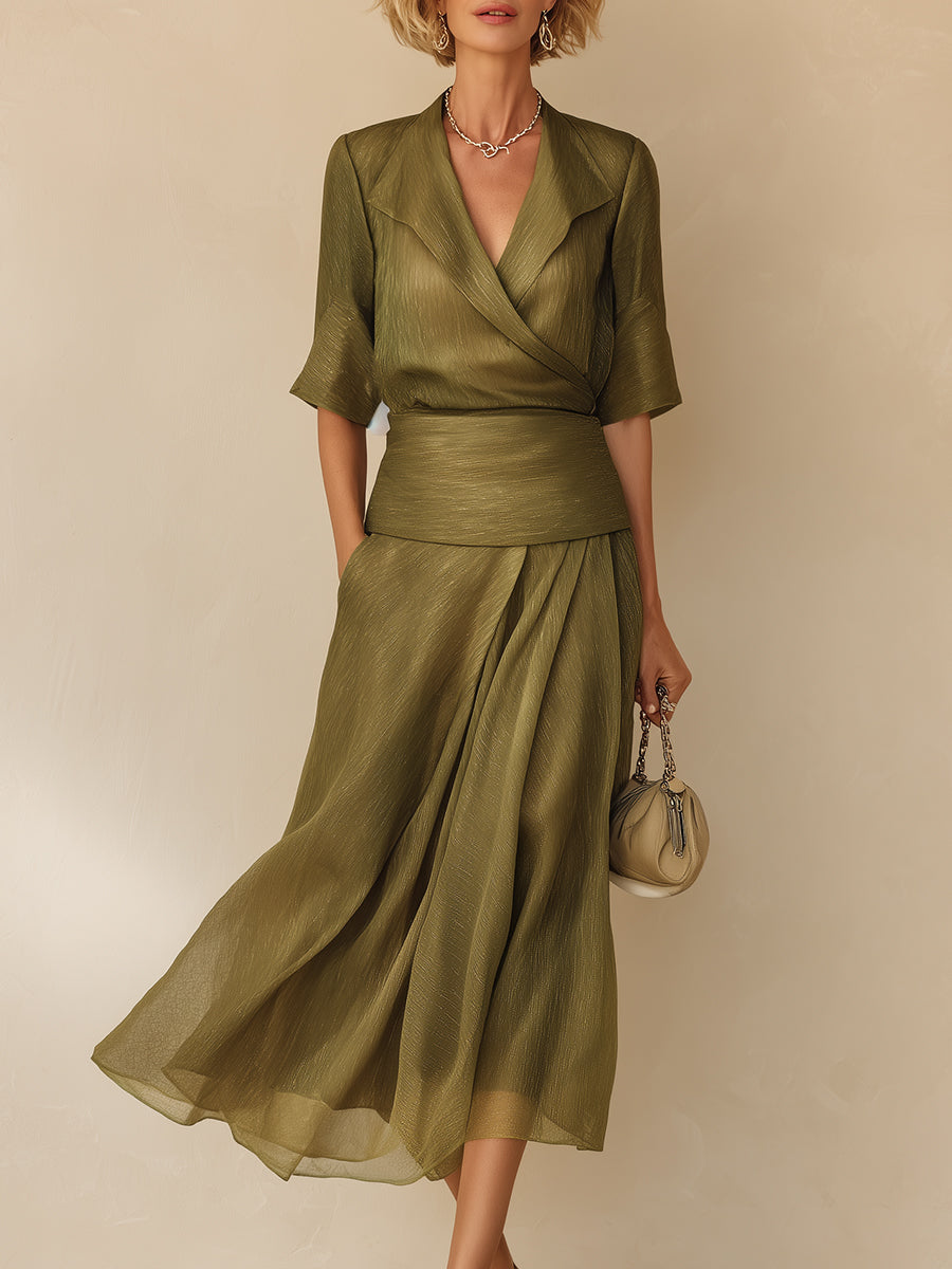 Elegant Tencel Lapel Blouse & Pleated Skirt Set