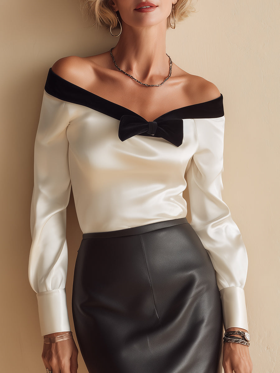 French-Style Off-the-Shoulder Satin Blouse With Bow Detail