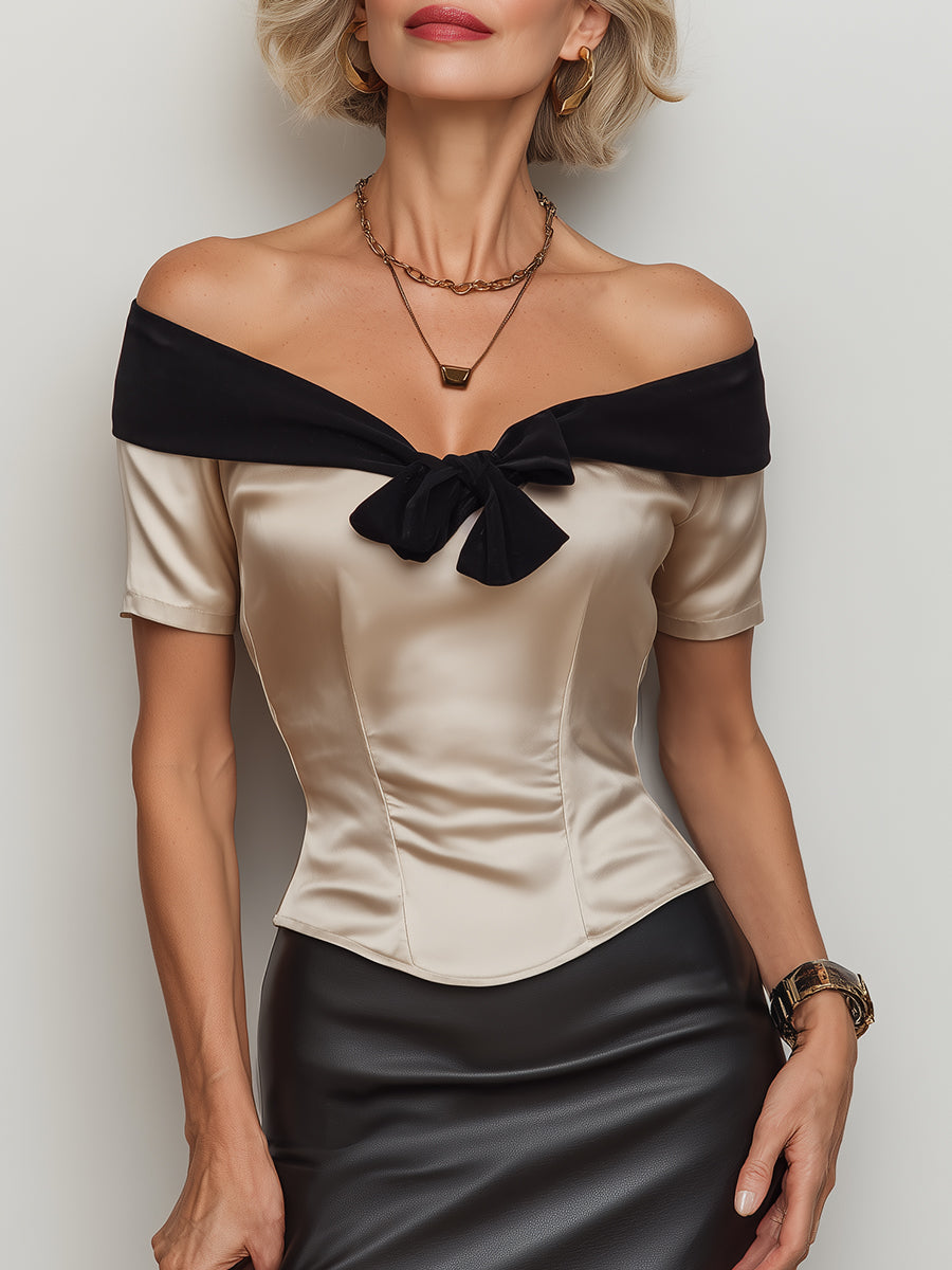 French-Style Off-the-Shoulder Satin Blouse With Bow Detail