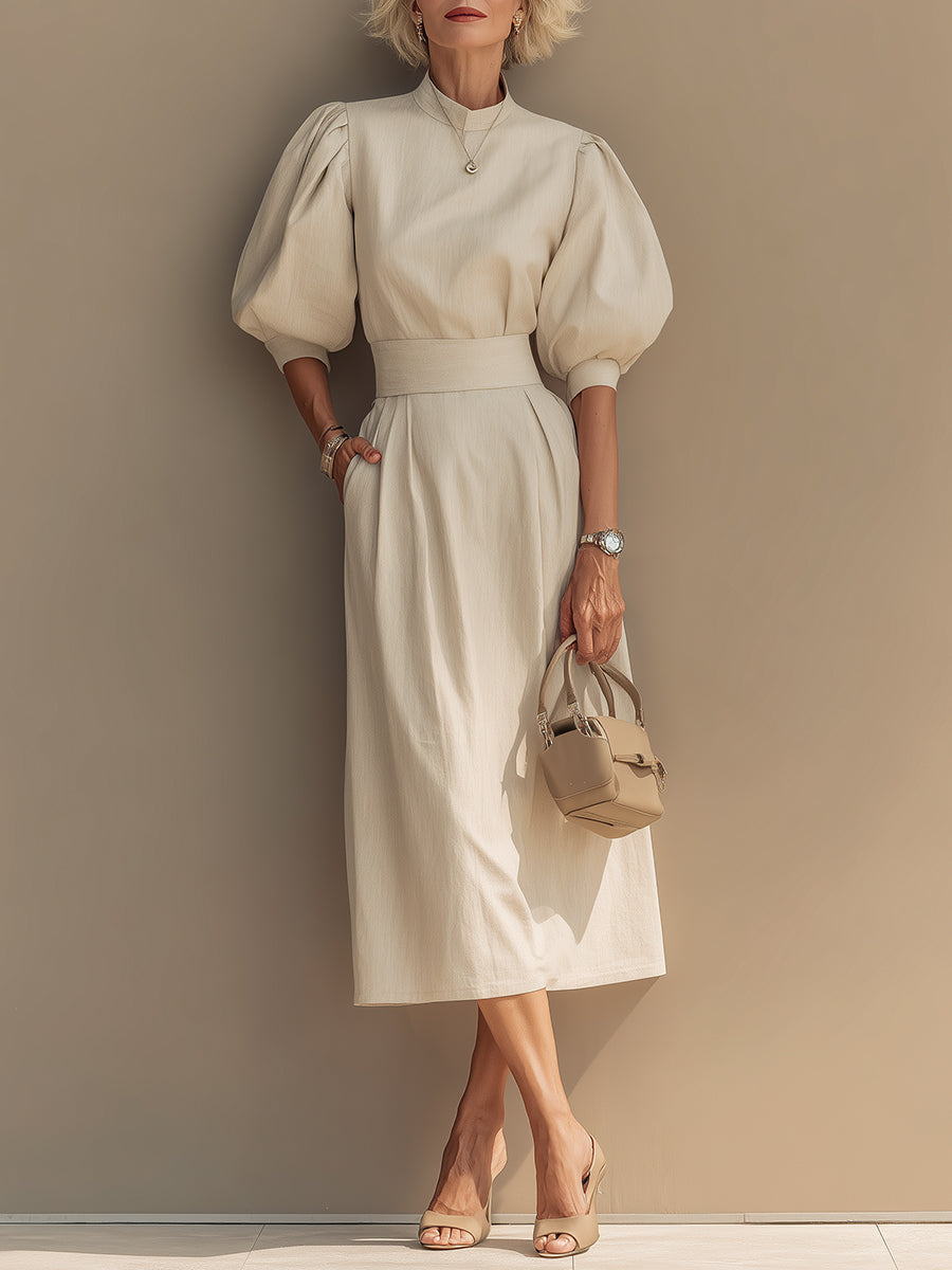 Elegant Stand-Collar Puff-Sleeve Cotton-Linen Midi Dress