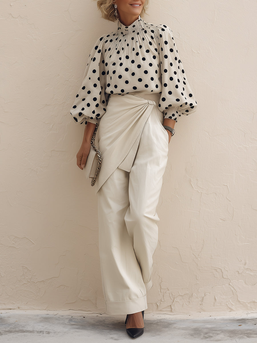 Stand-Collar Puff-Sleeve Polka-Dot Blouse & Faux Two-Piece Trousers Set