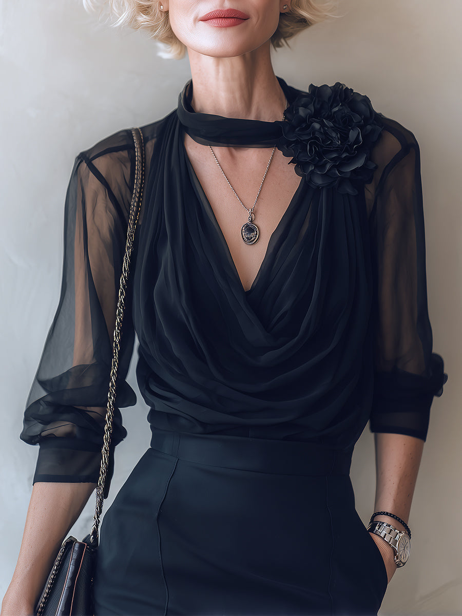 French-Style Draped Collar Chiffon Blouse With 3D Floral