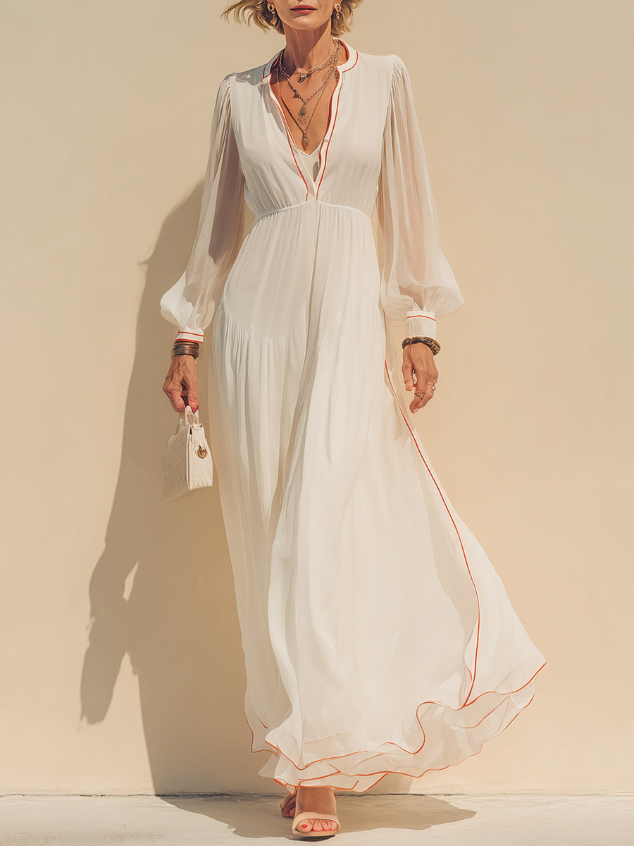 Holiday Chiffon Maxi Dress With Piped Trim And Lantern Sleeves