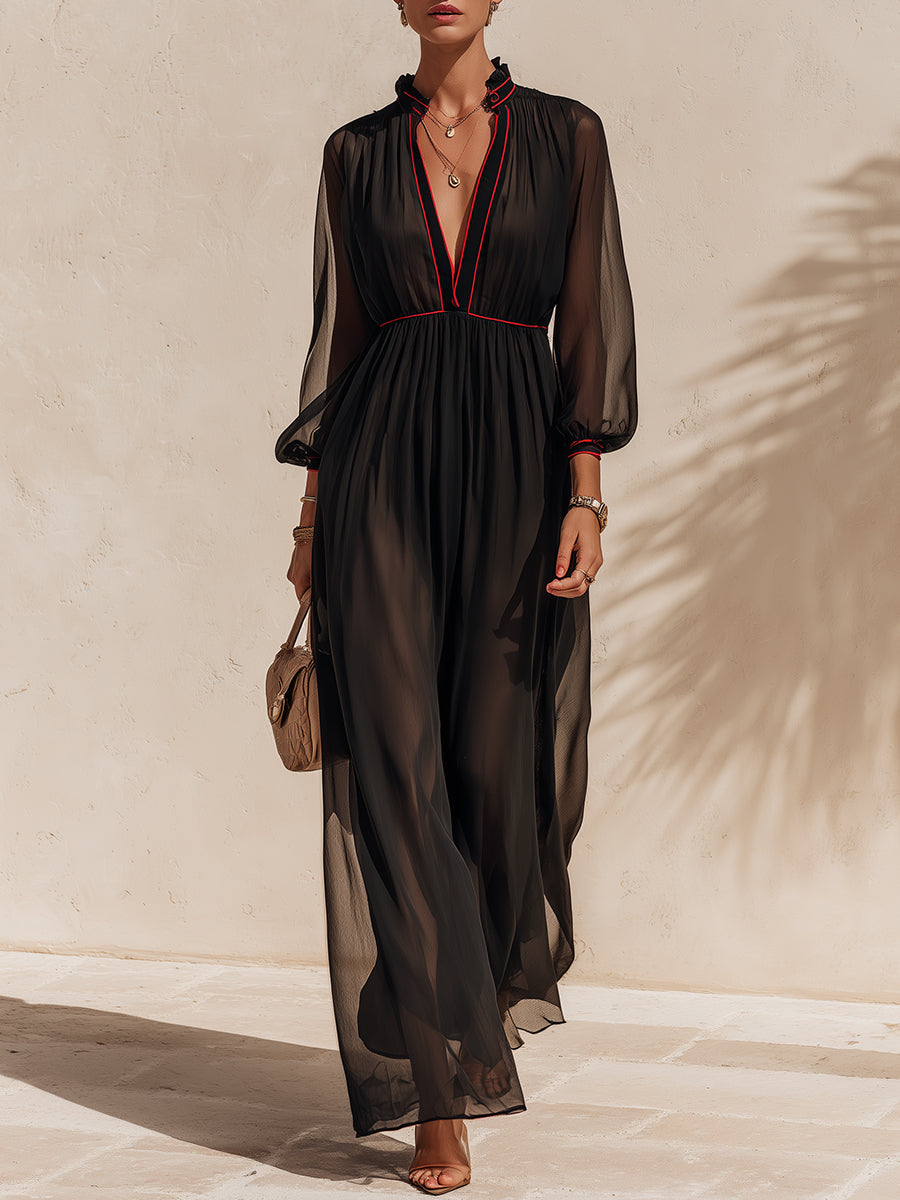 Urban Quiet Luxury Contrast Piping Chiffon Maxi Dress