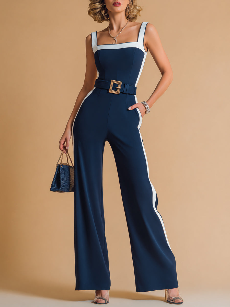 Elegant Color-Block Sleeveless Jumpsuit With Belt