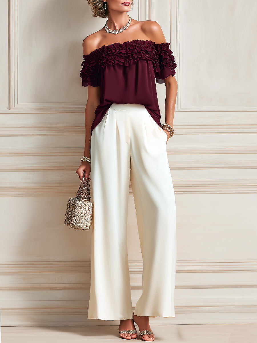 Elegant Multi-Layer Ruffle Off-Shoulder Blouse & Wide-Leg Pants Set