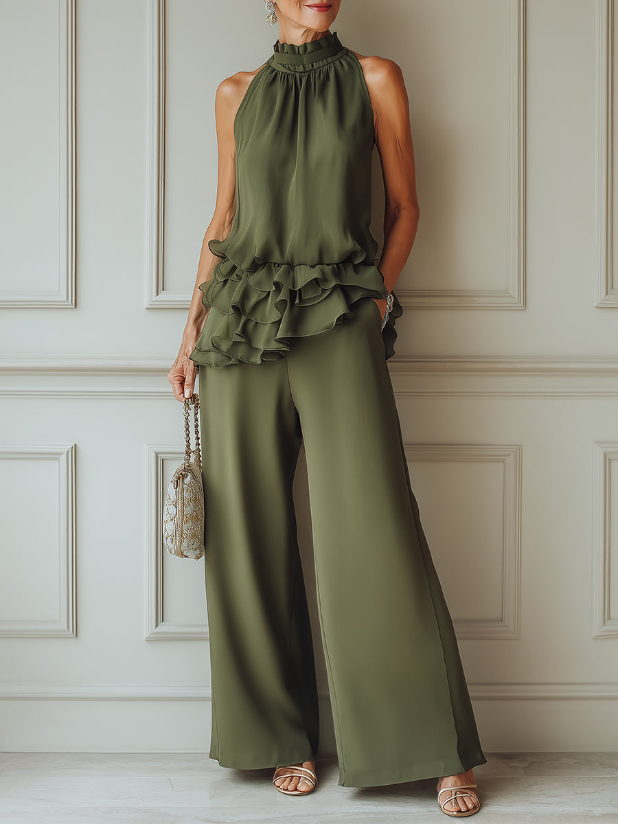 Classic Stand-Collar Ruffled Hem Chiffon Blouse & Wide-Leg Pants Set