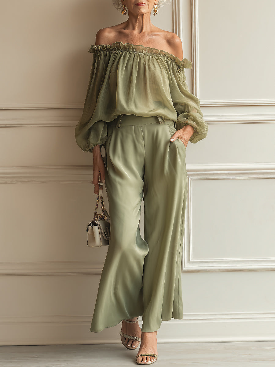 Off-the-Shoulder Chiffon Blouse & Cropped Wide-Leg Pants Set