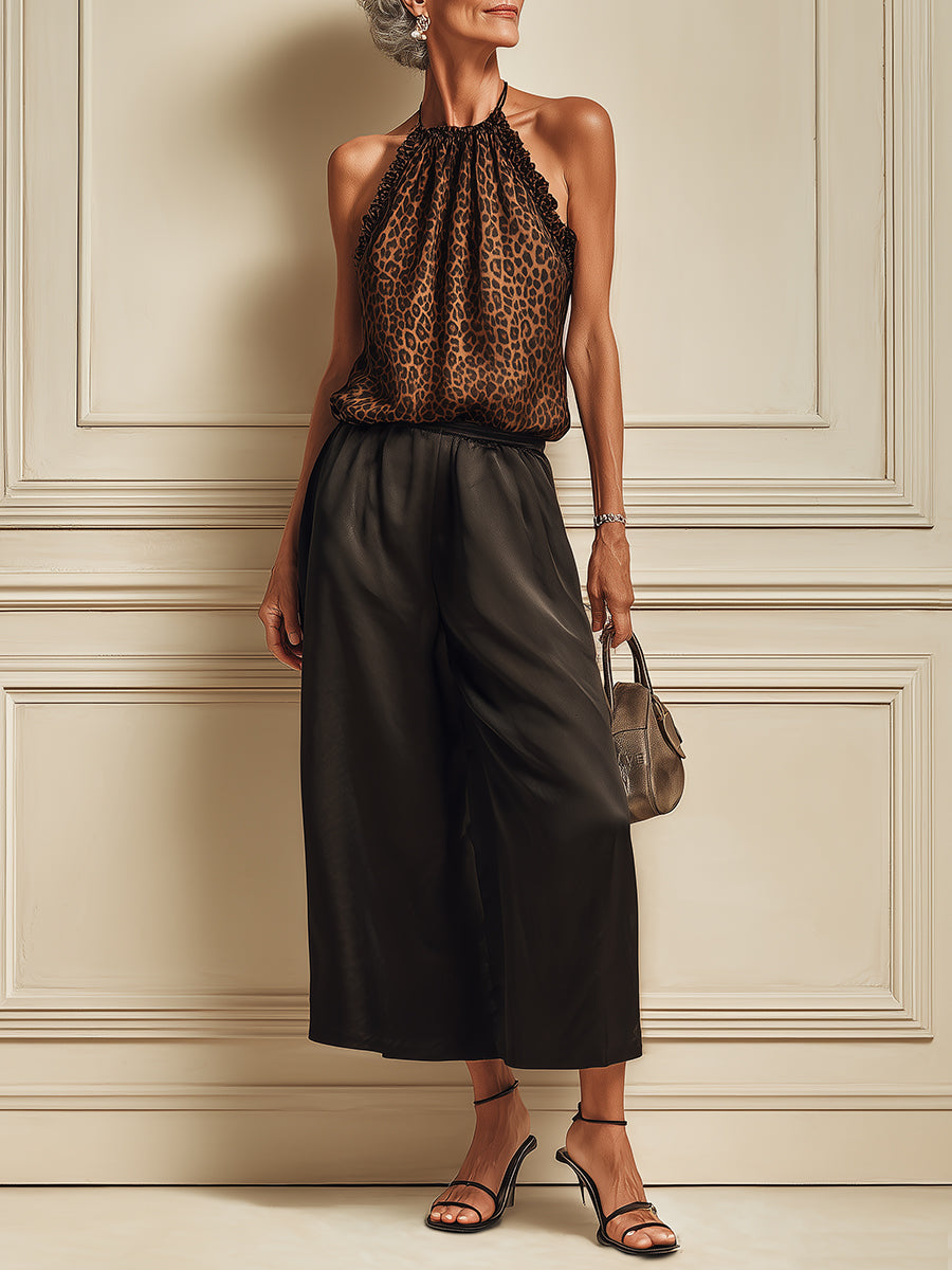 Mature Relaxed Ruffle-Trim Leopard Print Blouse & Cropped Pants Set