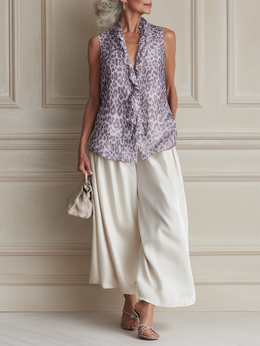 Chic Leopard Print Chiffon Blouse With Ruffle Trim & Cropped Wide-Leg Pants Set