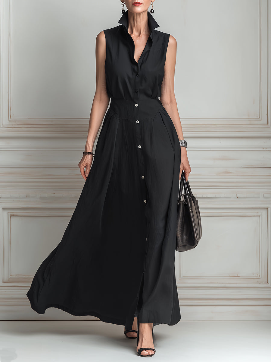 Relaxed Sophisticated Stand-Collar Tencel Sleeveless Maxi Dress
