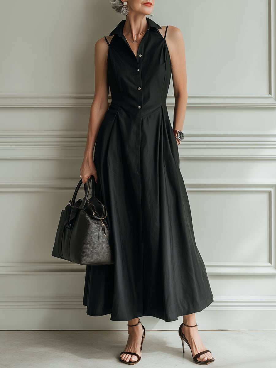 Classic Commuter-Style Collared Sleeveless Maxi Dress