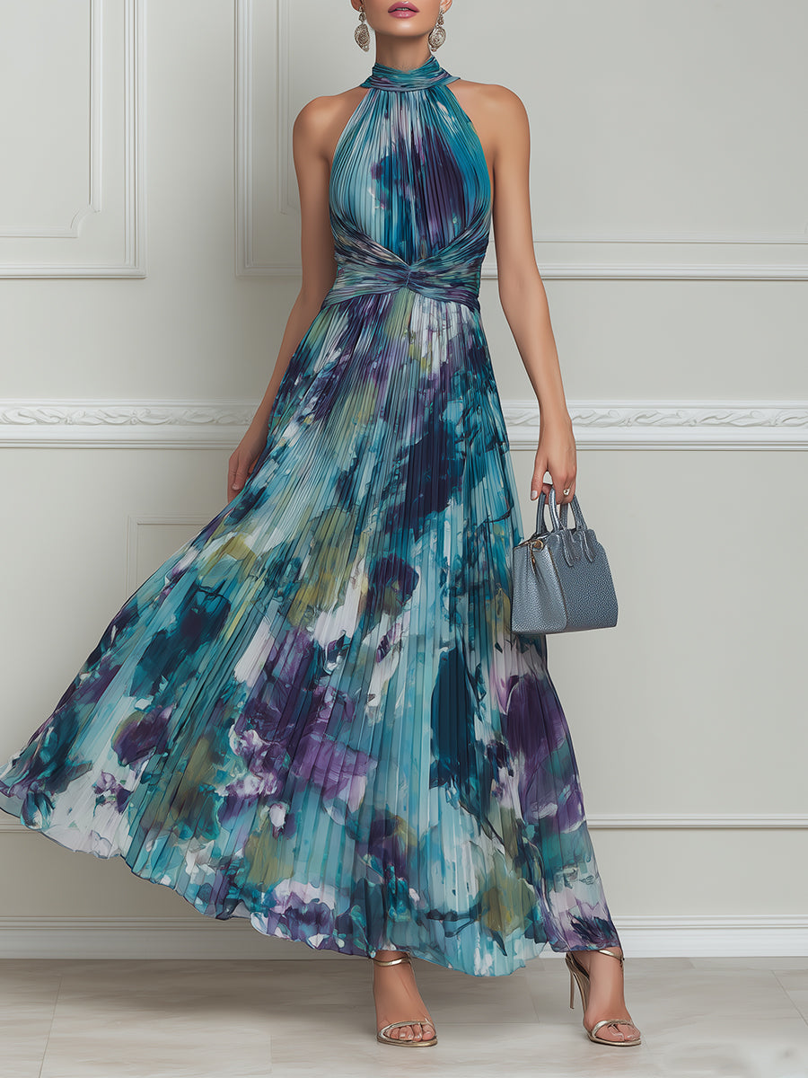 Women's Mock-Neck Pleated Chiffon Maxi Dress