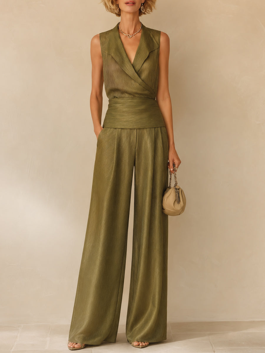 Elegant Commute Shiny Lapel Sleeveless Blouse & Wide-Leg Pants Set