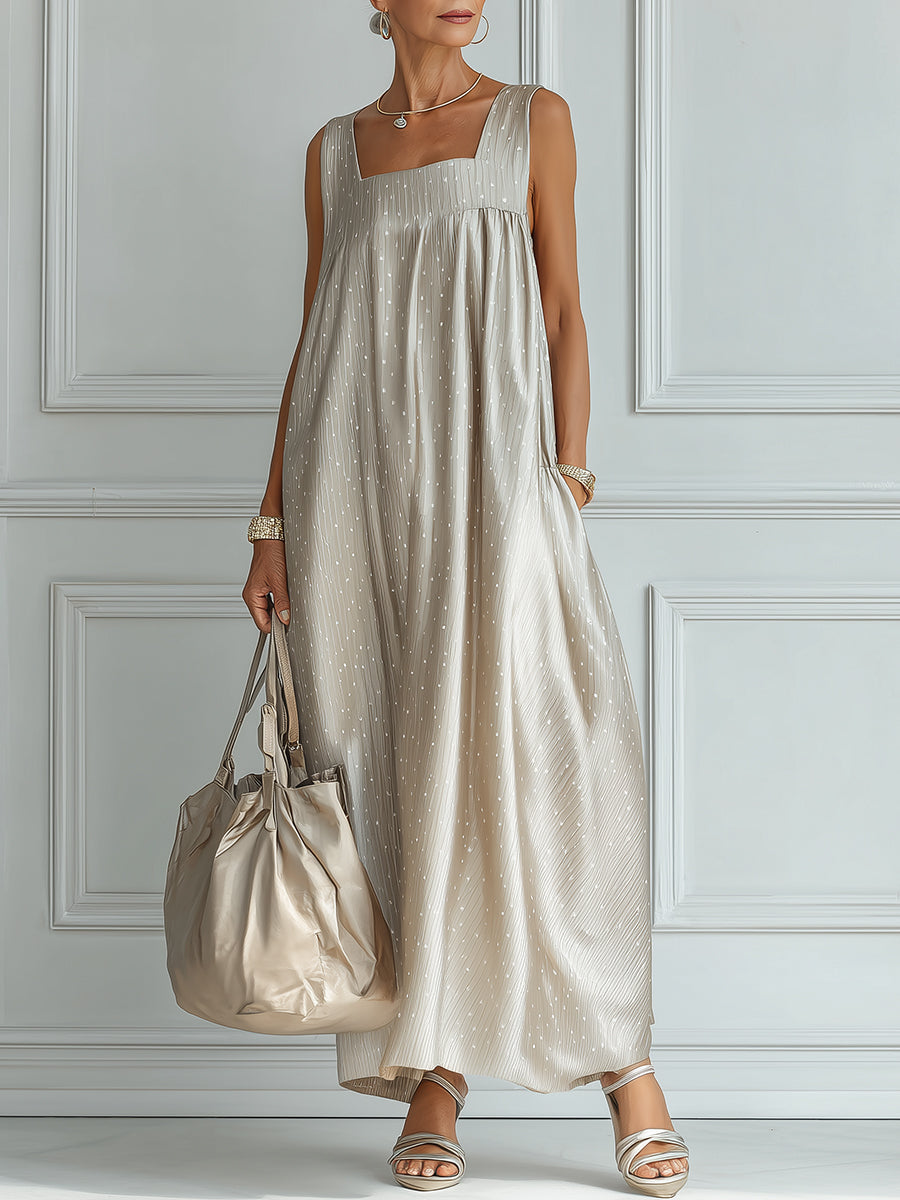 Elegant Pleated Satin Polka-Dot Loose Maxi Dress