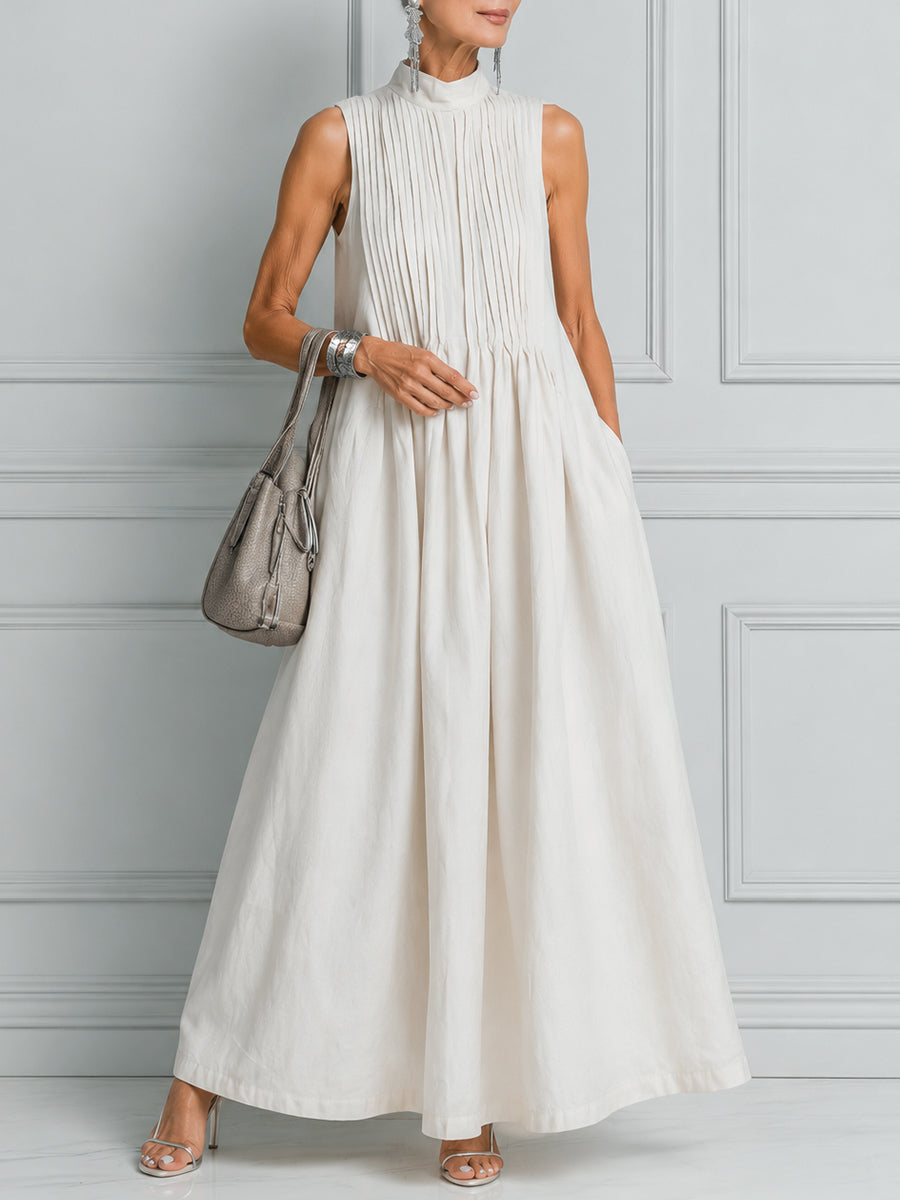 Urban Quiet Luxury Stand-Collar Crinkled Cotton-Linen Maxi Dress