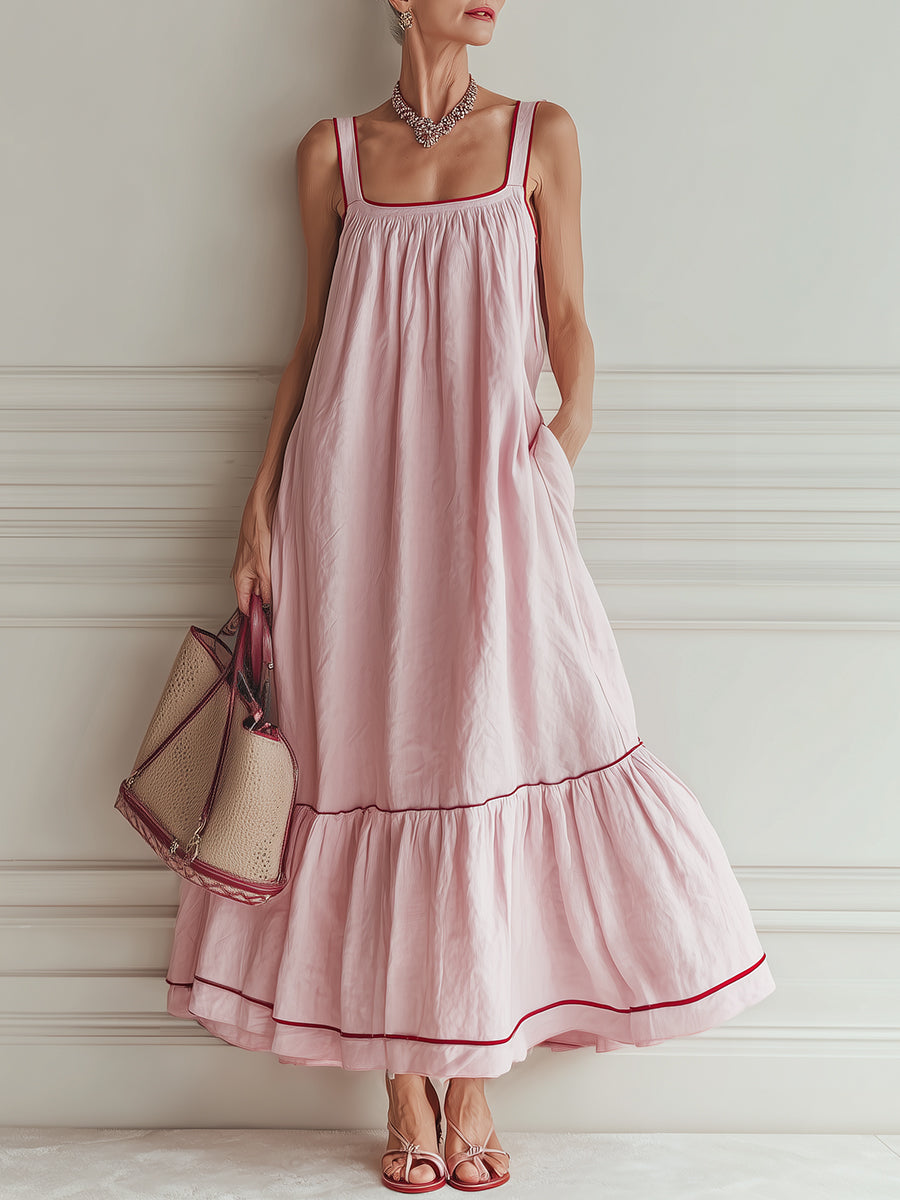 Quiet Luxury Color-block Maxi Dress With Ruffled Hem