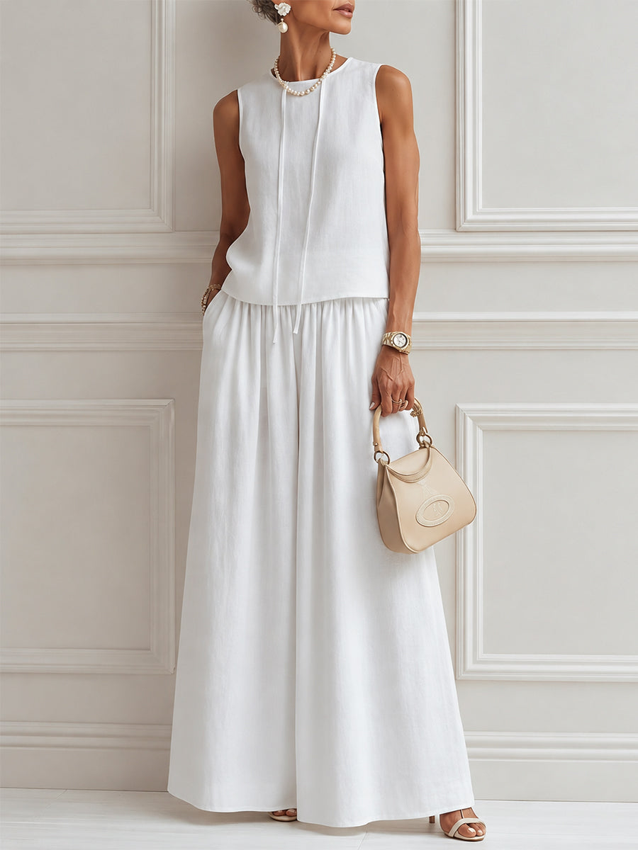 Classic Tie-Up Detail Cotton-Linen Blouse & Wide-Leg Pants Set