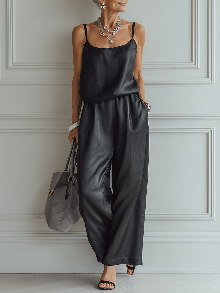French-Style Effortless Satin Sleeveless Blouse & Wide-Leg Pants Set