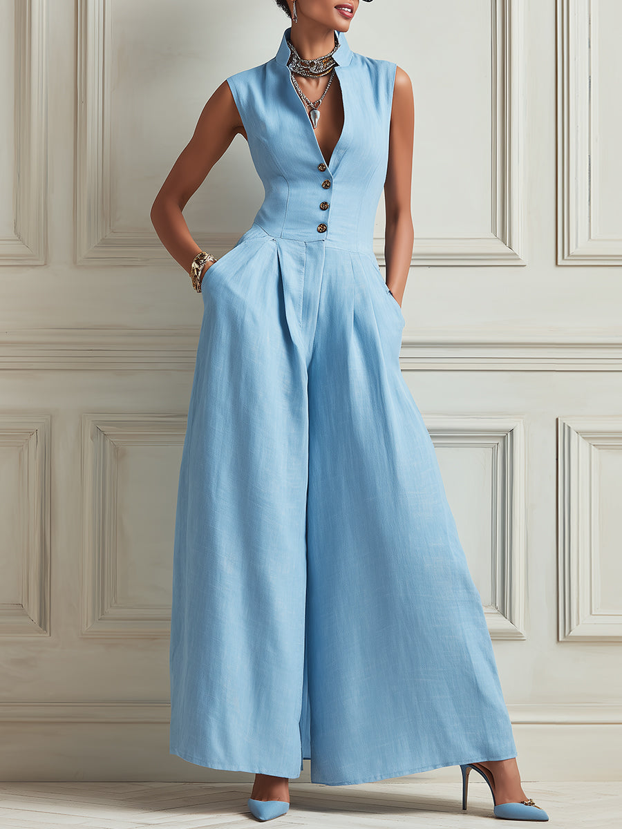 Classic Stand-Collar Single-Breasted Wide-Leg Jumpsuit