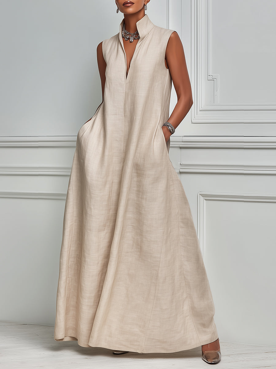 Classic Stand-Collar Cotton-Linen Maxi Dress With Side Pockets