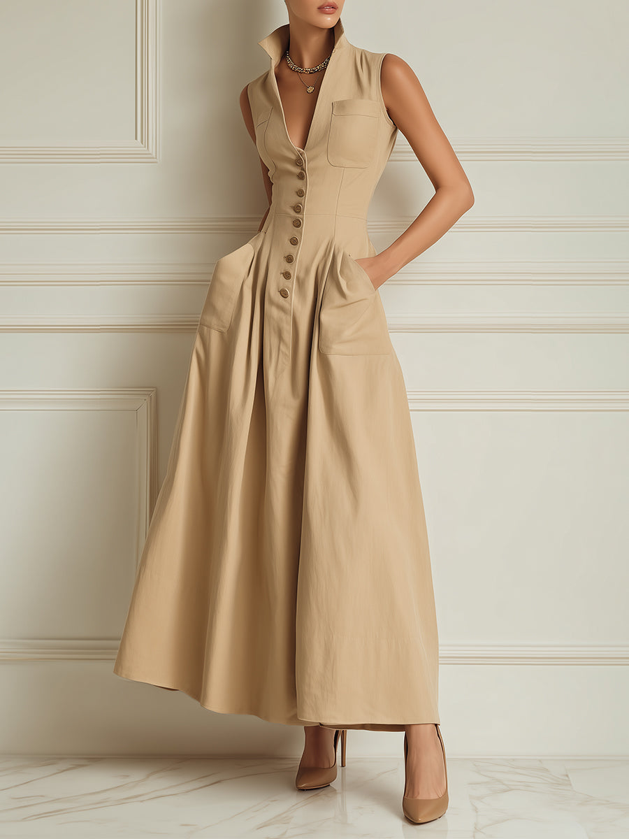 Classic Single-Breasted Cotton-Linen Maxi Dress With Multiple Pockets