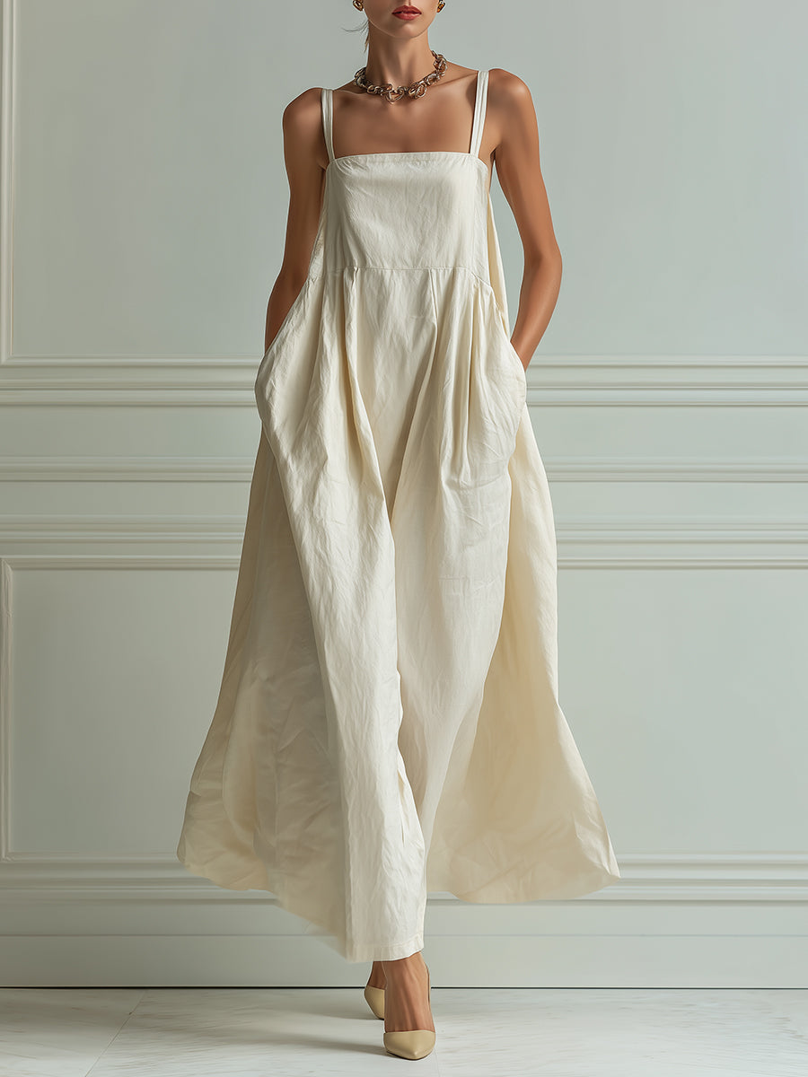 French-style Minimalist Cotton Sleeveless Maxi Dress With Patch Pockets