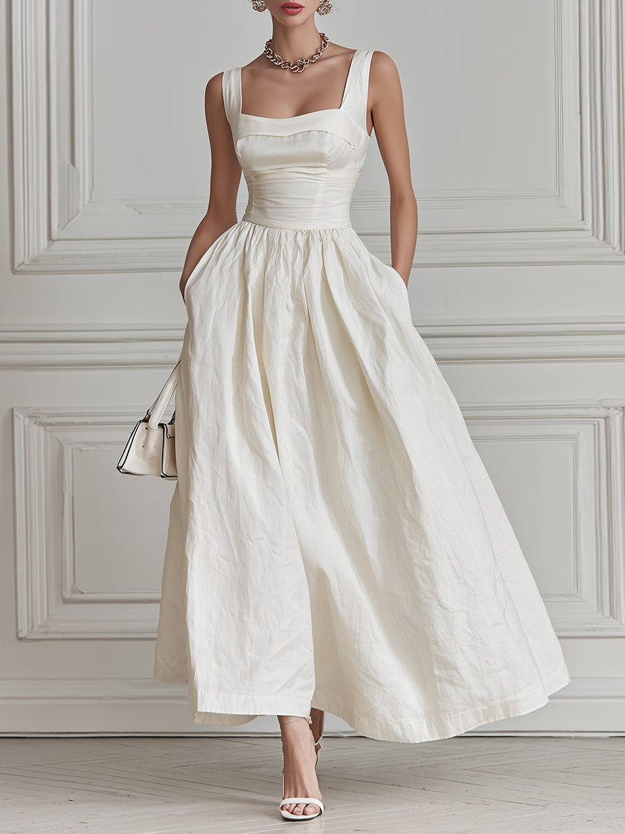 French-Style Elegant Square-Neck Maxi Dress