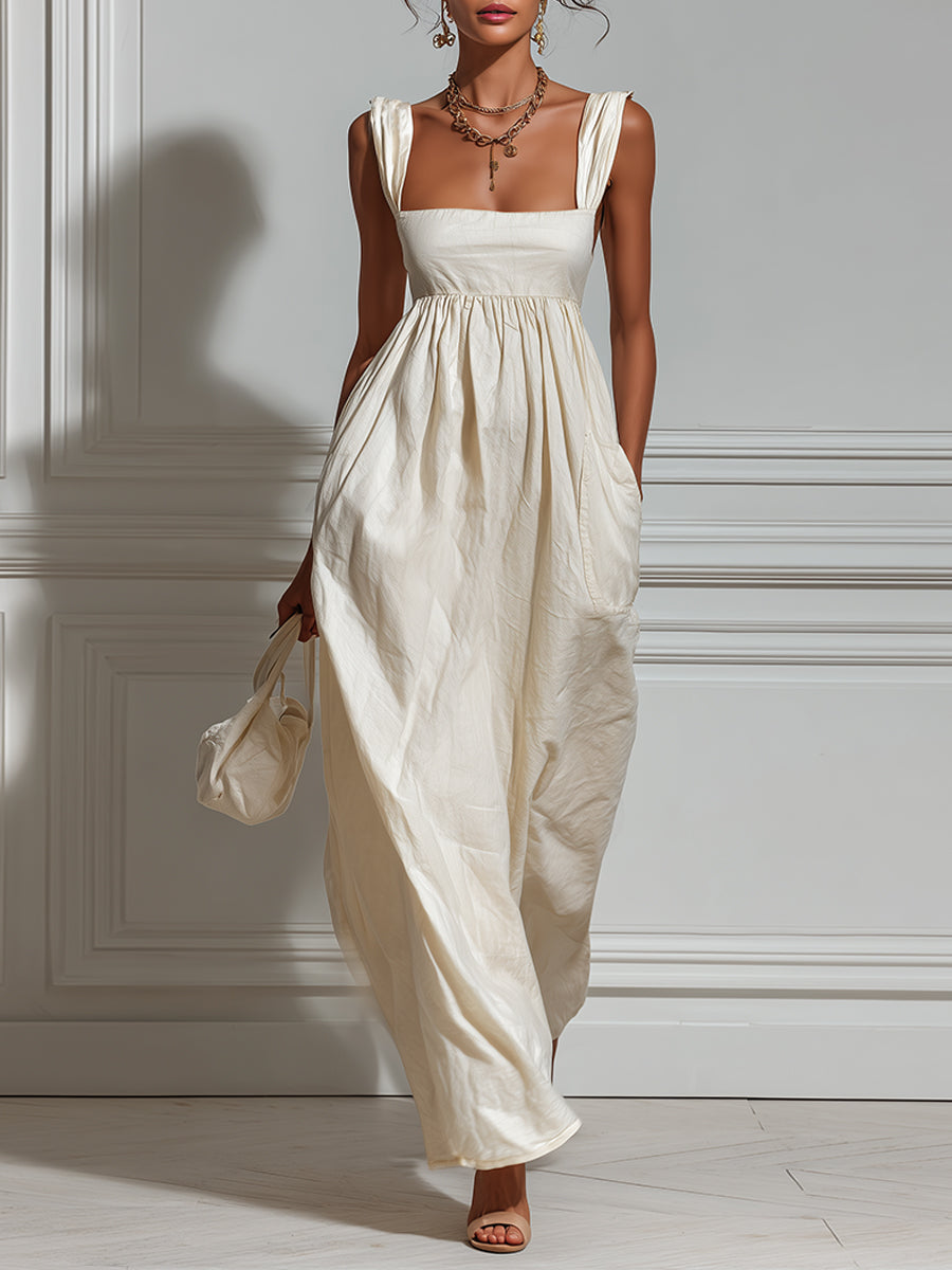 Quiet Luxury Cotton-Linen Cocoon Maxi Dress With Side Pockets